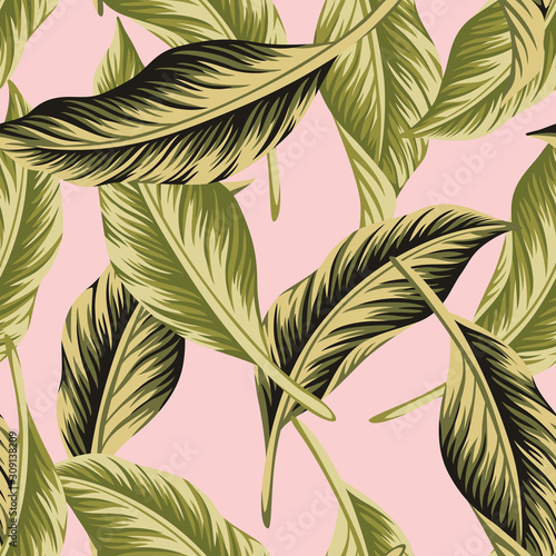 Tropical vintage vector green palm leaves floral pink background seamless pattern. Exotic jungle wallpaper.
