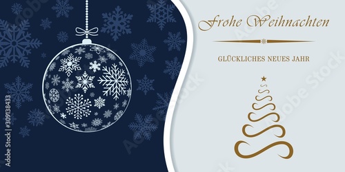 Frohe Weihnachten and Glückliches neues Jahr Glückwunschkarte vektor mit Schneeflocken und Weihnachtsbaum. Übersetzung: Frohe Weihnachten ist Merry Christmas, Glückliches neues Jahr ist Happy New Year