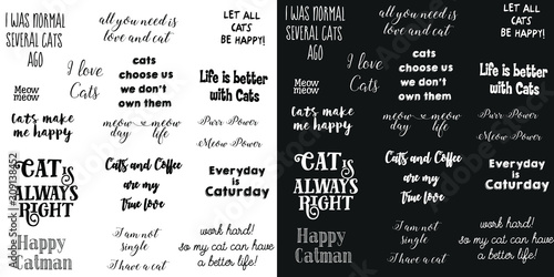 vector lettering. vector set phrases about love for cats, about cats. Two image options - black and white background.