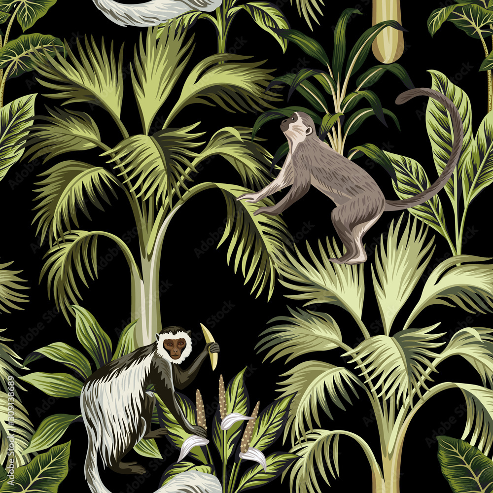 Fototapeta Tropikalna vintage małpa, palmy kwiatowy wzór czarne tło. Tapeta egzotycznej dżungli.