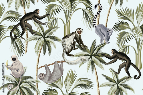 Tropical vintage monkey, sloth, lemur,   palm trees floral seamless pattern blue background. Exotic jungle wallpaper.