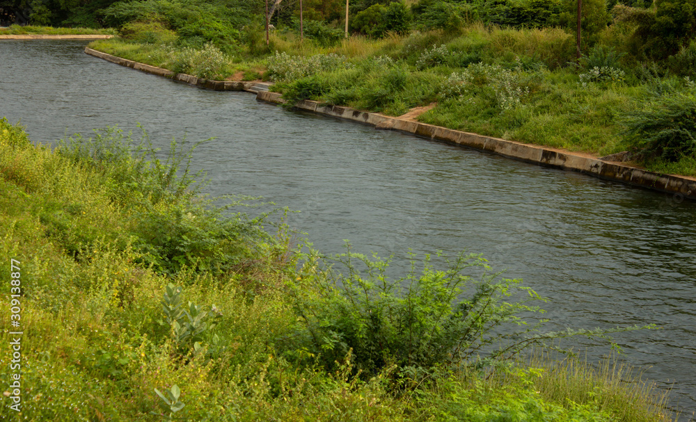 View of water flowing in a canal for irrigation. Water released from mettur dam for irrigation and drinking purpose.