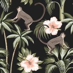 Fotobehang Hibiscus patronen Aap met roze hibiscus jungle  © good_mood