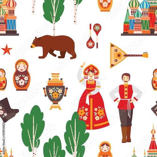 Russian folk seamless pattern vector illustration. Birch tree, Moscow Kremlin, nesting doll, samovar and balalaika texture. Russian colorful traditional clothing, bear and felt boots.