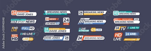 TV live news bars vector illustrations set. Headline titles design templates isolated on dark background. Television channel broadcasting service collection. Breaking news lower third.