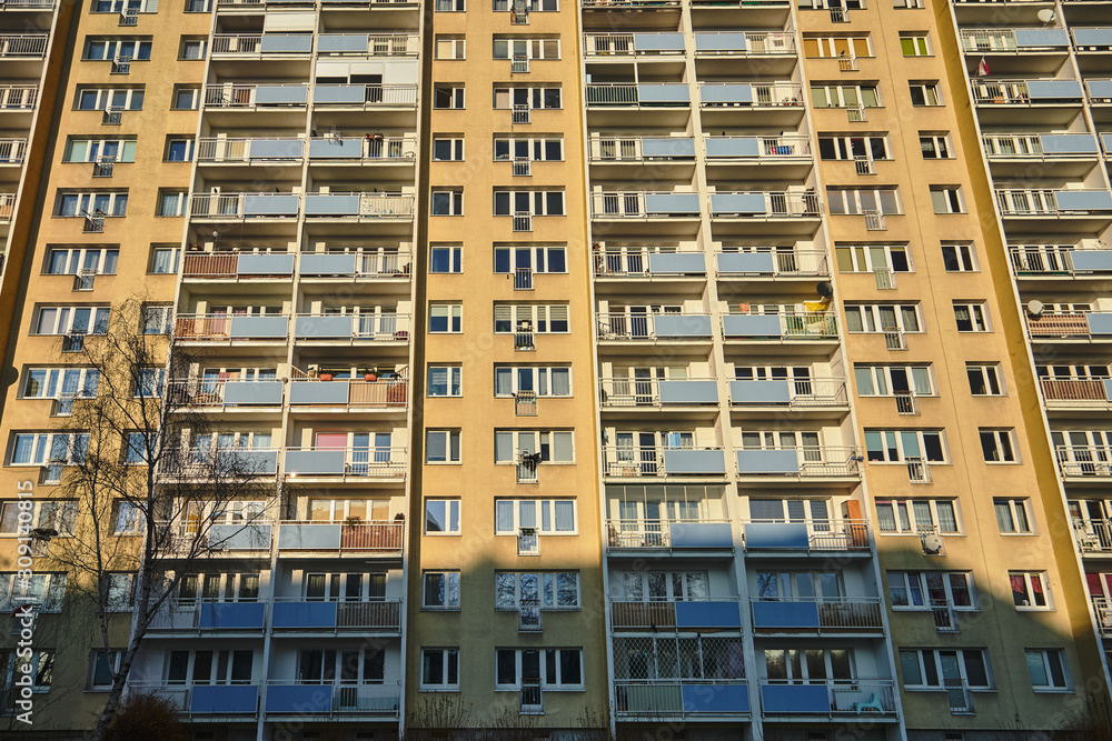 The facade of a residential high-rise buildings in Poznan . The facade of a residential high-rise buildings in Poznan .