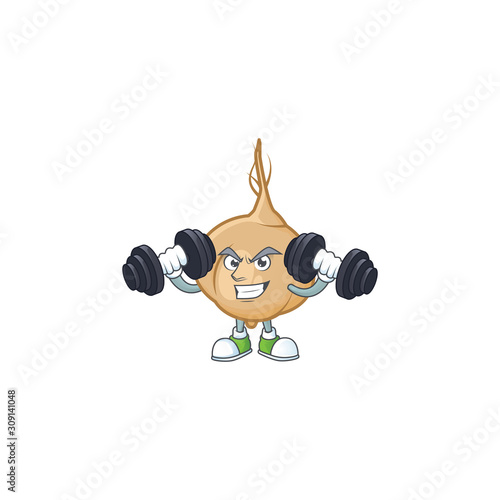 Fitness exercise jicama cartoon character holding barbells