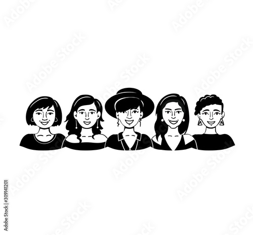 Vector illustration with isolated group of smiling women on a white background. Poster on the theme of friendship and team. Cartoon, flat people for use in your design