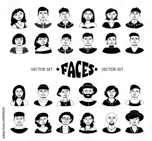Vector set with isolated avatars of men and women on white background. Cartoon characters, smiling faces of people