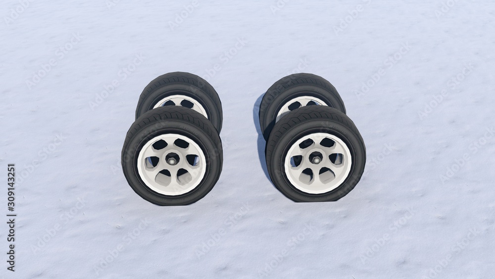 Car Wheels in Snow, Winter, 3D Rendering Car Wheels in Snow, Winter, 3D Rendering