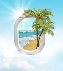 Travel concept with palms and airplane window and ocean.
