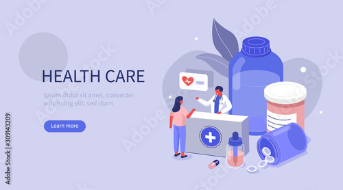 Doctor Pharmacist in Drugstore Consulting Patient.  Medicine Pills and Bottles around. Medical Staff Choosing Medicament. Pharmacy Store Concept.  Flat Isometric Vector Illustration.