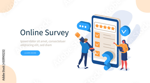 People Characters Filling Test Online in Customer Survey Form. Woman and Man putting Check Mark on Checklist. Customer Experiences and Satisfaction Concept. Flat Isometric Vector Illustration. photo