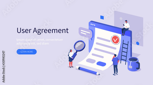 People Character Inspecting Contract Document, Reading Privacy Policy and Terms and Conditions. Businessman Signing Contract. User Agreement Concept. Flat Isometric Vector Illustration. 