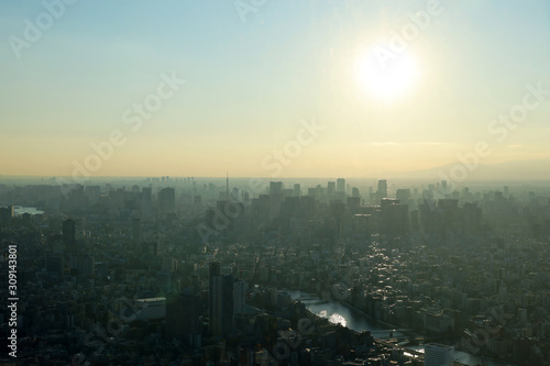 Beautiful city landscape of Tokyo city in the sunrise and        aint fog  cover the wind.