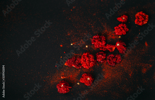 Red spicy dry carolina reaper. Dark food photography. Copy space.