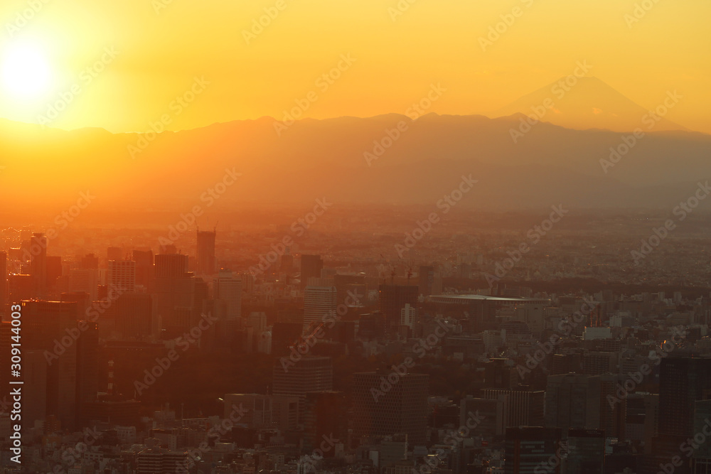 Beautiful city landscape looking view Fuji from Tokyo city in the sunrise or sundown colorful in the evening.