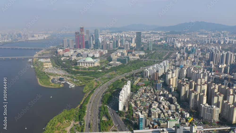 Yeouido island, business and financial center of Seoul, South Korea aerial shot Yeouido island, business and financial center of Seoul, South Korea aerial shot