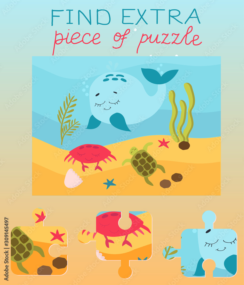 Fototapeta premium Vector illustration. Education game for preschool kids. children s education Find extra puzzle, which doesn't fit to picture. Underwater world, marine life. Jellyfish and seahorses, whale and stars.