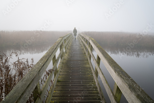 Tela A woman walking on a small footbridge on a foggy day in autumn.