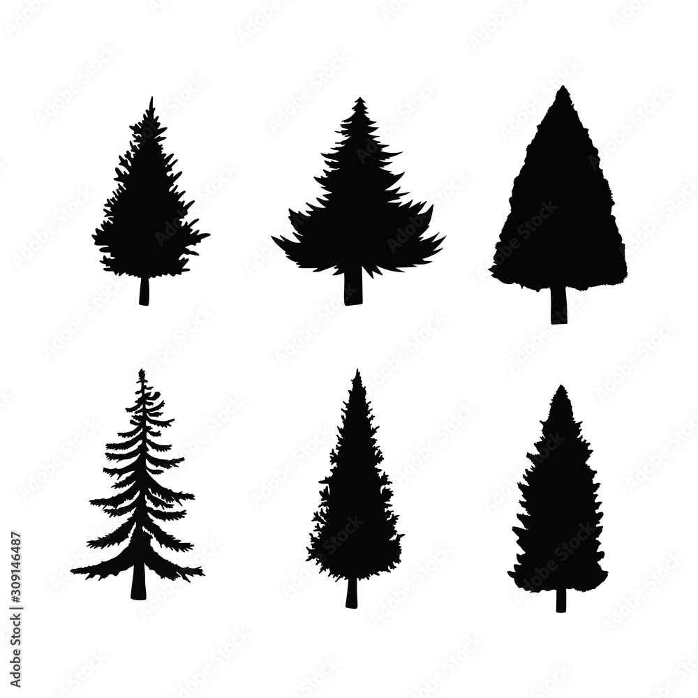 Obraz premium Isolated Pine on the white background.Pine silhouettes. Tree hand drawn.Vector EPS 10.
