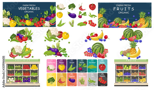 Supermarket fruits and vegetables store set bundle Vector flat style. Shopping food products. Sales template banners