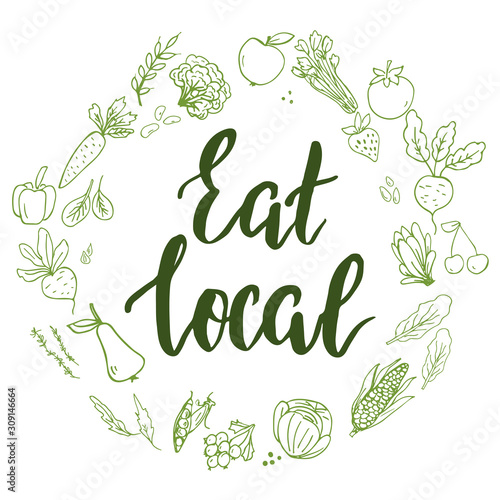 Template with hand lettering text Eat local and doodle style hand drawn fruits and vegetables