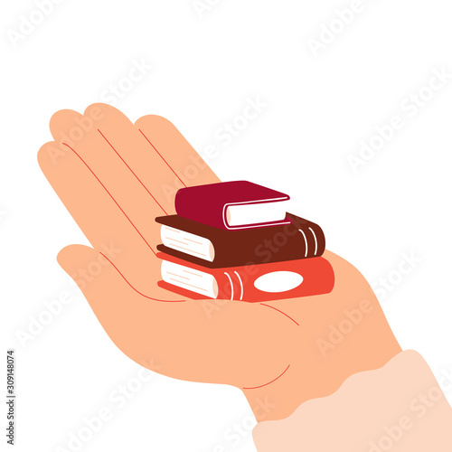 Big human hand holds stack of three books. Concept of donation, education and learning. Vector illustration of World Book Day