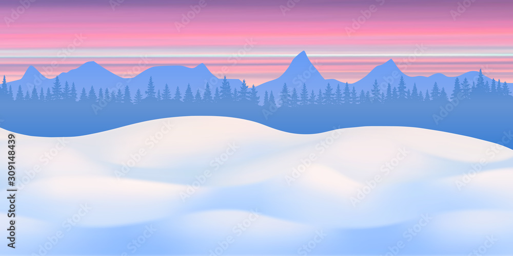Fantasy on the theme of the winter landscape. Snow drifts, forest and mountains. Vector illustration, EPS10