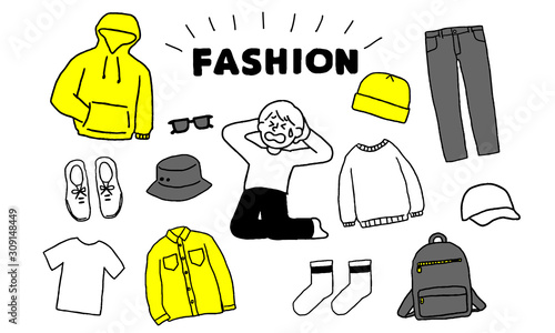メンズファッション悩む男性セット（シンプル）