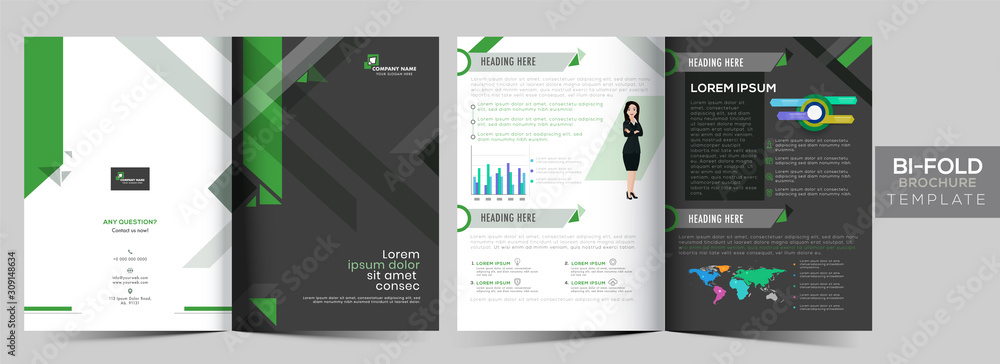 Business Bi-Fold Brochure Template or Leaflet Layout, Annual Report in Front and Back View.