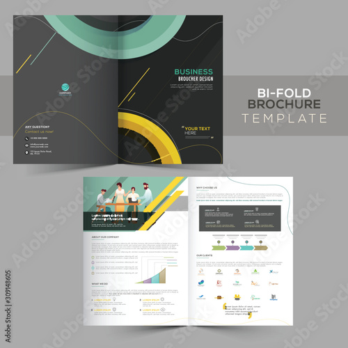 Bi-Fold Brochure Template Layout in Front and Back View for Business Concept.