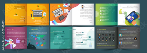 Promotional Bi-Fold Brochure, Template or Annual Report in Different Types Business Management or Experience Concept.