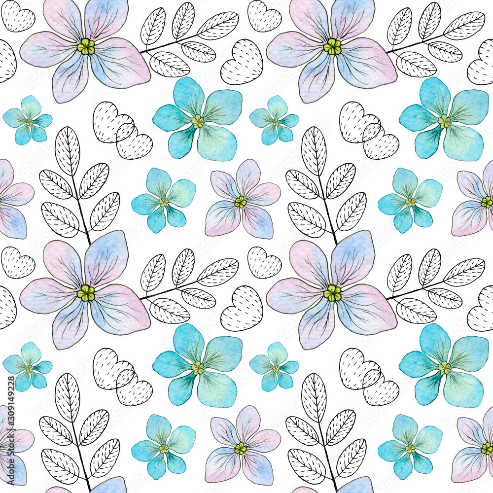Seamless pattern of blue flowers, leaves and hearts on a white background. Romantic texture for wallpaper, fabric and wrapping design
