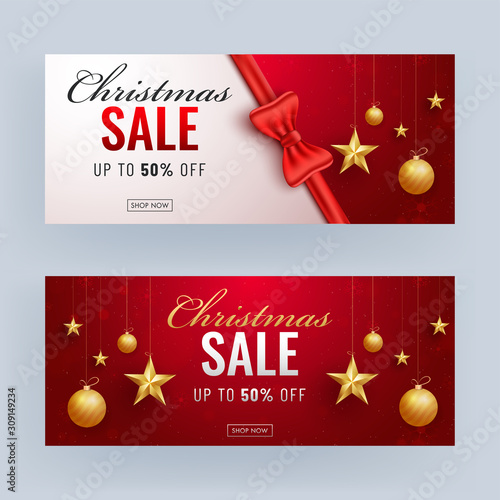 Different Style Christmas Sale Header or Banner Design with 50% discount Offer and Golden Stars, Baubles.