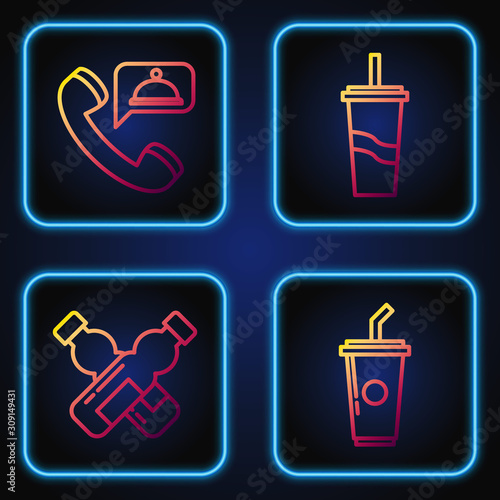 Set line Paper glass with drinking straw and water, Crossed bottle of water, Food ordering and Paper glass with drinking straw and water. Gradient color icons. Vector