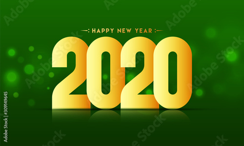 Golden Happy New Year 2020 Text on Green Bokeh Blur Background.