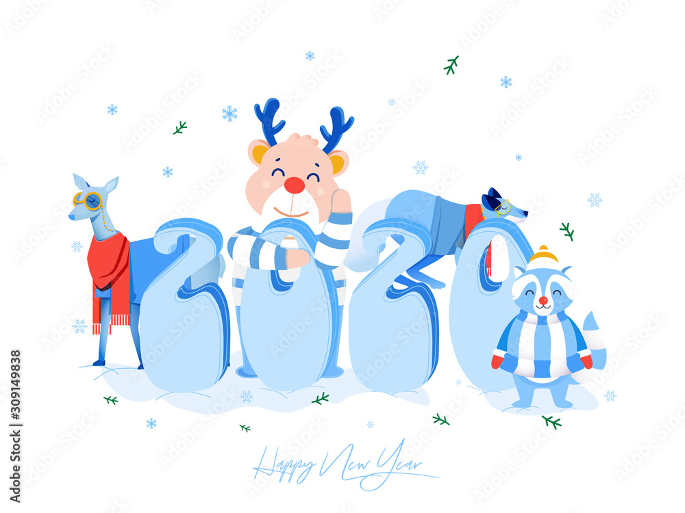 Stylish Blue 2020 Text with Reindeer, Deer, Raccoon Dog and Fox Character on White Background for Happy New Year Celebration. Stylish Blue 2020 Text with Reindeer, Deer, Raccoon Dog and Fox Character on White Background for Happy New Year Celebration.