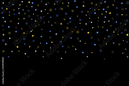 Gold, Blue stars, sprocket, shiny confetti on black background. Falling stars effect. New Year Christmas background