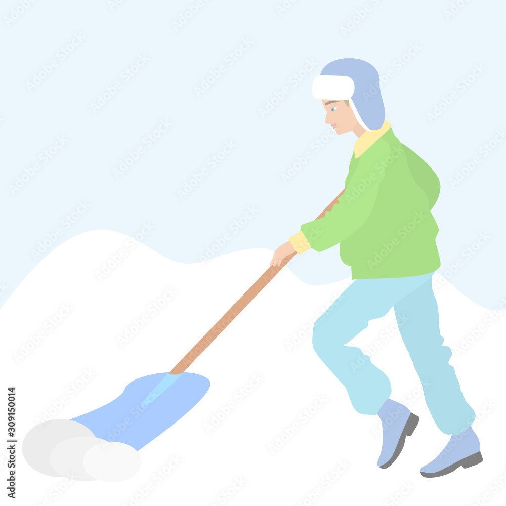 young man dressed in blue pants, a green jacket and a cap with earflaps removes snow with a shovel, color flat vector illustration young man dressed in blue pants, a green jacket and a cap with earflaps removes snow with a shovel, color flat vector illustration