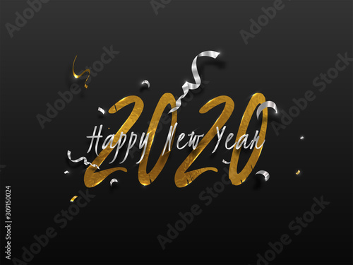 Golden and Silver Happy New Year 2020 Text Decorated with Confetti Ribbon on Black Background.