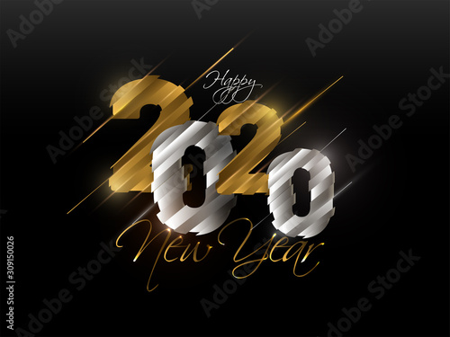 Pixel Style Golden and Silver 2020 Text on Black Background for Happy New Year Celebration.