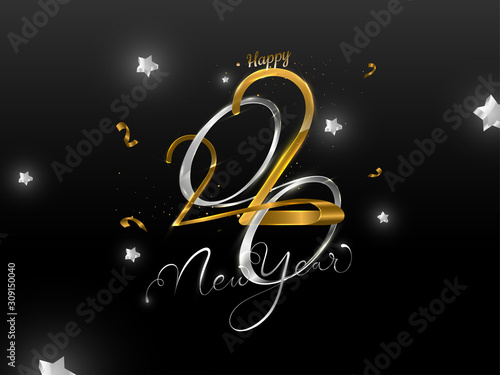 Golden and Silver Happy New Year 2020 Text Decorated with Stars on Black Background.