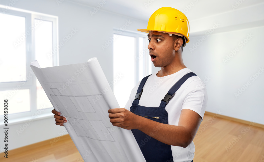 profession, construction and building concept - shocked indian builder or repairman in helmet with blueprint over empty room background profession, construction and building concept - shocked indian builder or repairman in helmet with blueprint over empty room background