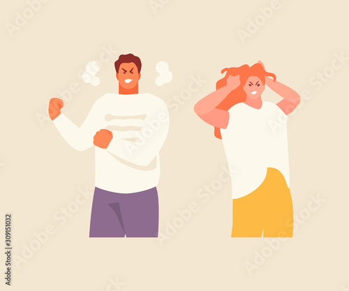 Man and woman characters with emotions of rage and anger illustration