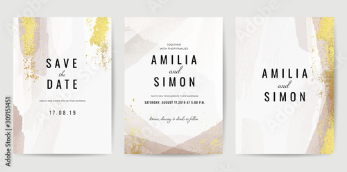 Luxury Gold invite card, Vector invitation design with golden brush, Gold Powder and blue watercolor decoration style background design for wedding and cover design template.