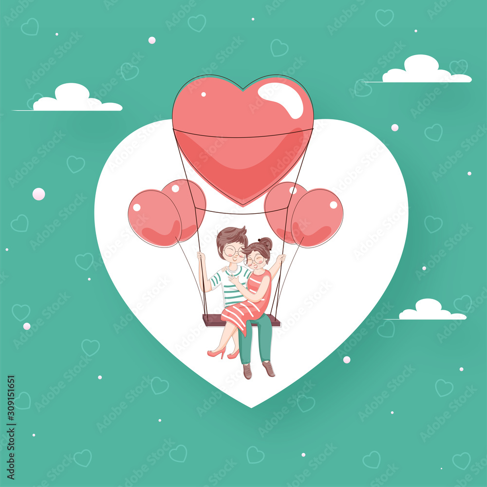 Flat Style Illustration of Loving Couple on Swing with Balloons on Green and White Heart Shape Background for Happy Valentine's Day Celebration. Flat Style Illustration of Loving Couple on Swing with Balloons on Green and White Heart Shape Background for Happy Valentine's Day Celebration.