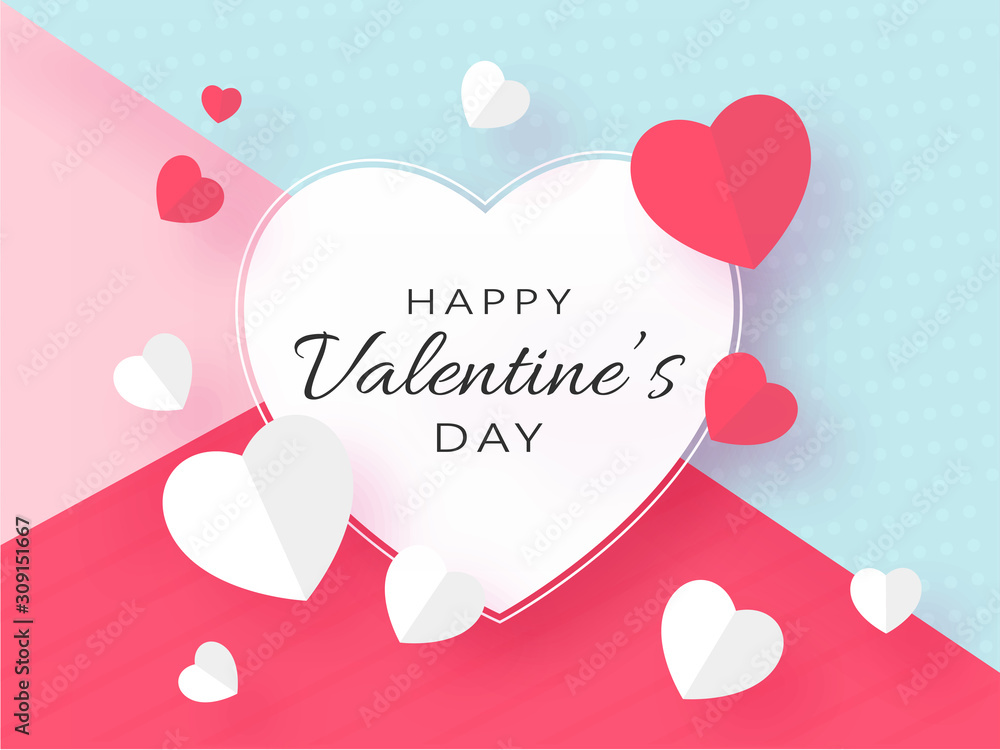Happy Valentine's Day Text with Red and White Paper Hearts Decorated on Colorful Abstract Background.