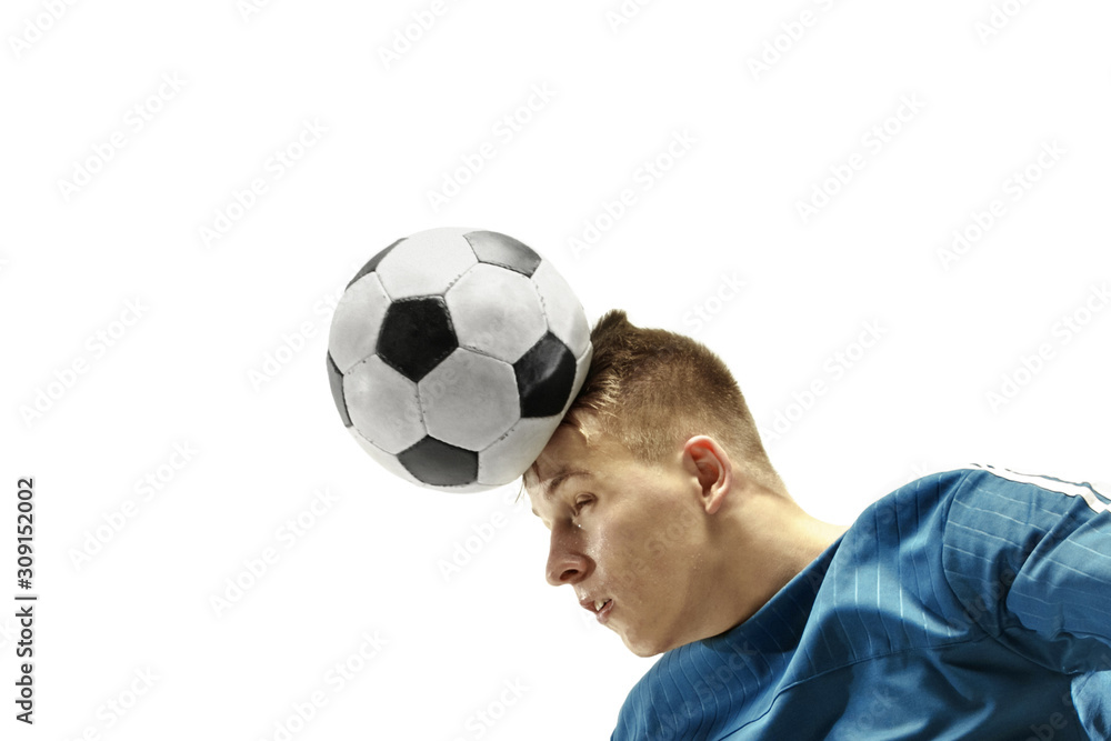 Close up of emotional caucasian man playing soccer hitting the ball with the head on isolated white background. Football, sport, facial expression, human emotions, healthy lifestyle concept. Copyspace Close up of emotional caucasian man playing soccer hitting the ball with the head on isolated white background. Football, sport, facial expression, human emotions, healthy lifestyle concept. Copyspace