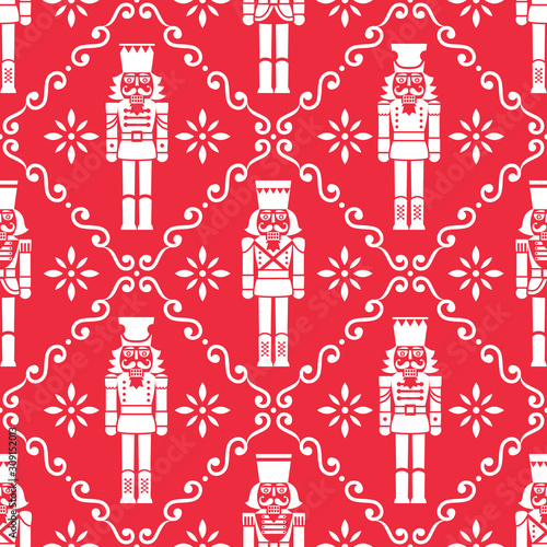 Christmas nutcrackers vector seamless pattern - Xmas soldier figurine repetitive white ornament on red, textile design